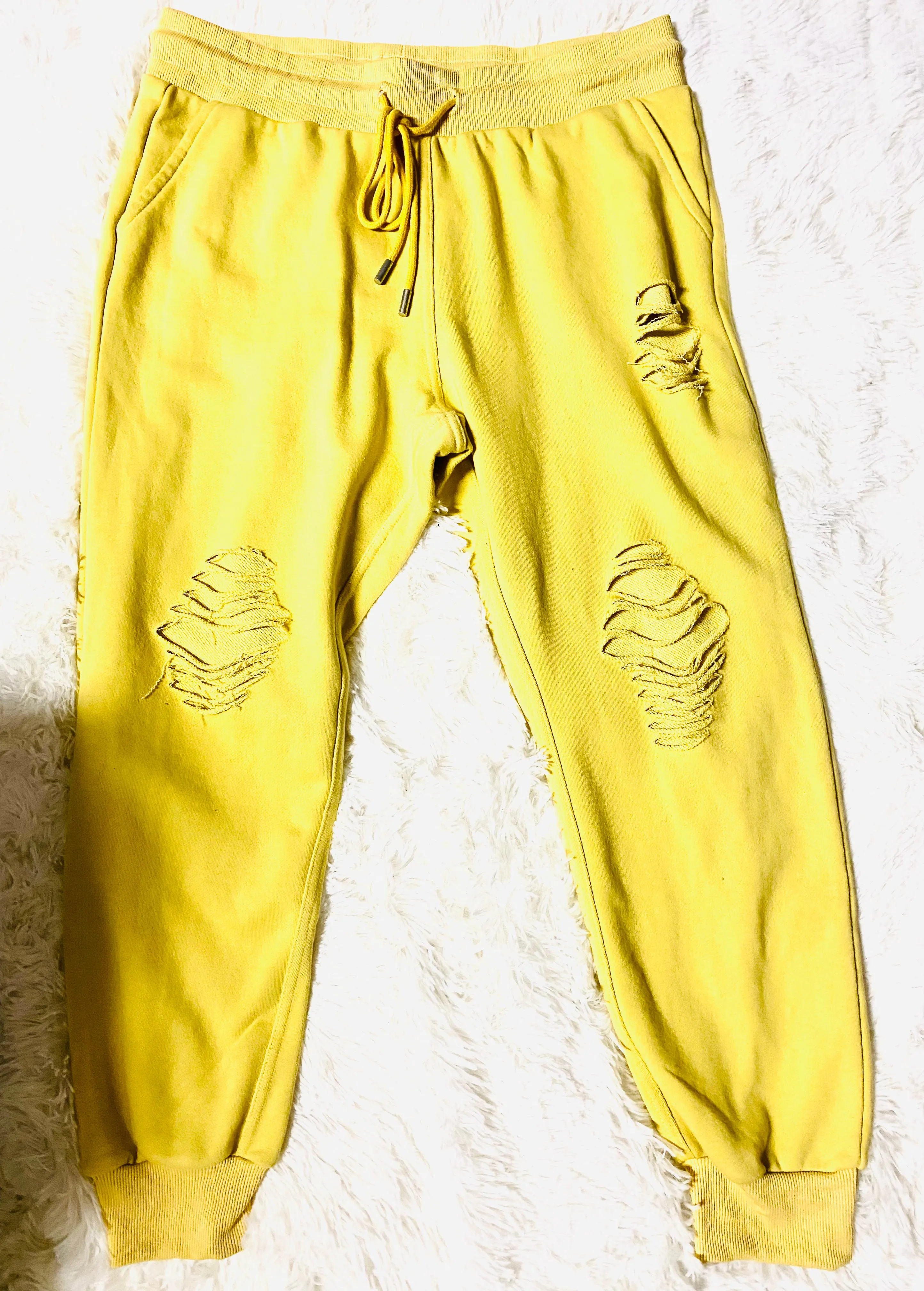 1 :White Birch - High Waisted Distressed Solid Knit Waisted Jogger Bottoms