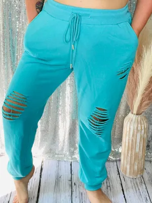 1 :White Birch - High Waisted Distressed Solid Knit Waisted Jogger Bottoms