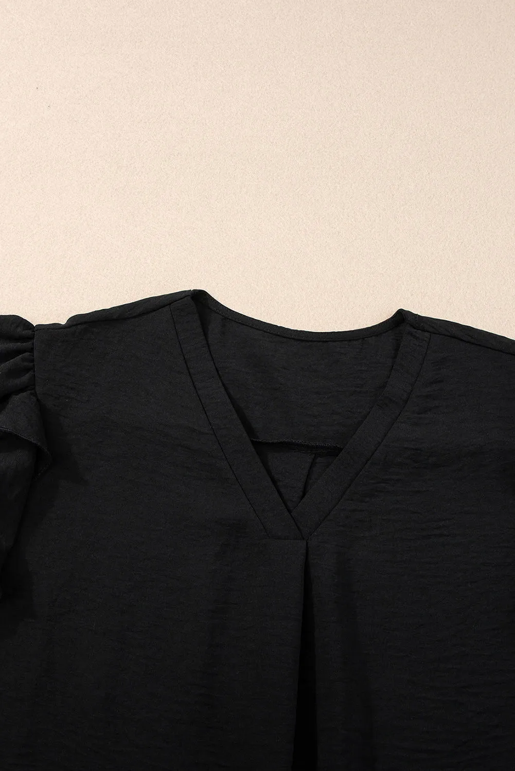 Black Solid Color V Neck Ruffle Short Sleeve Blouse - Elegant Look