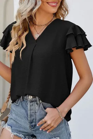 Black Solid Color V Neck Ruffle Short Sleeve Blouse - Elegant Look