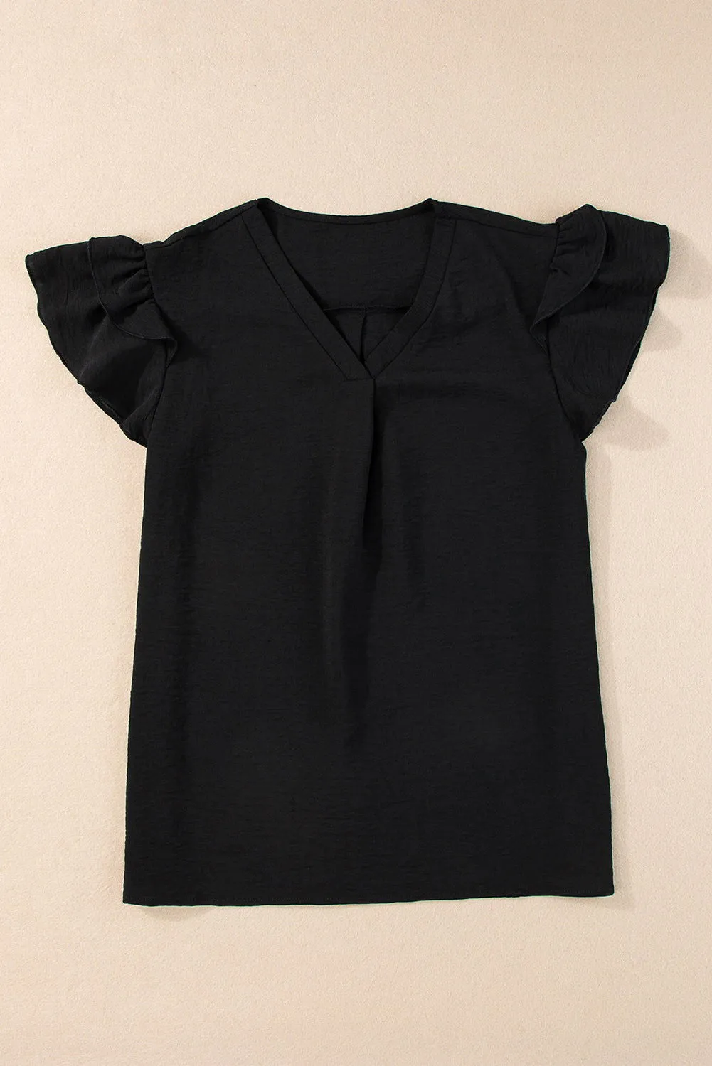 Black Solid Color V Neck Ruffle Short Sleeve Blouse - Elegant Look