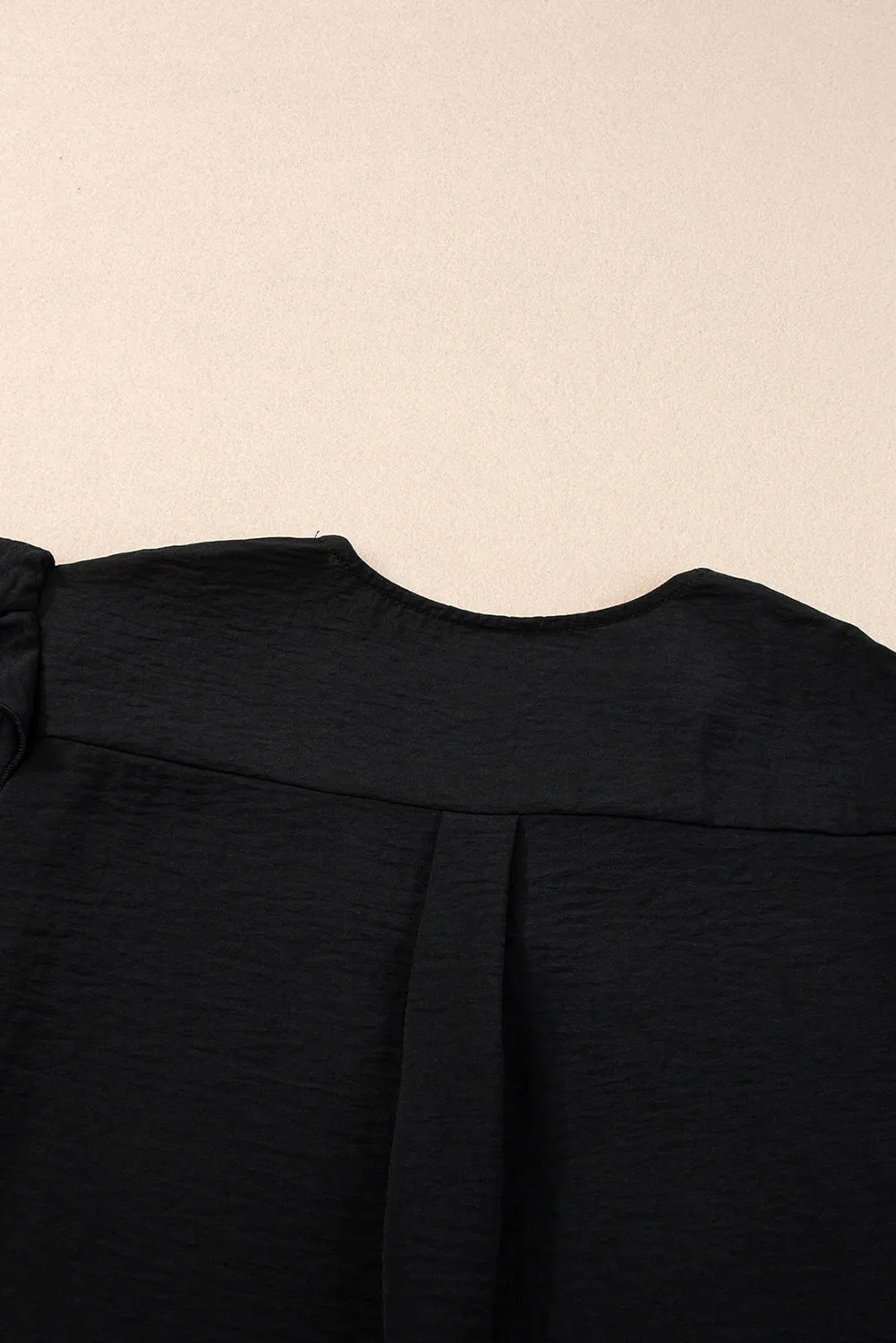 Black Solid Color V Neck Ruffle Short Sleeve Blouse - Elegant Look