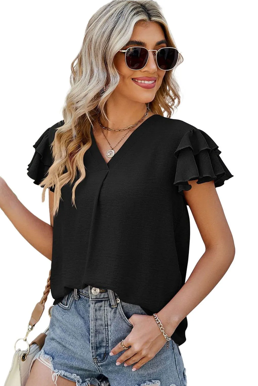 Black Solid Color V Neck Ruffle Short Sleeve Blouse - Elegant Look