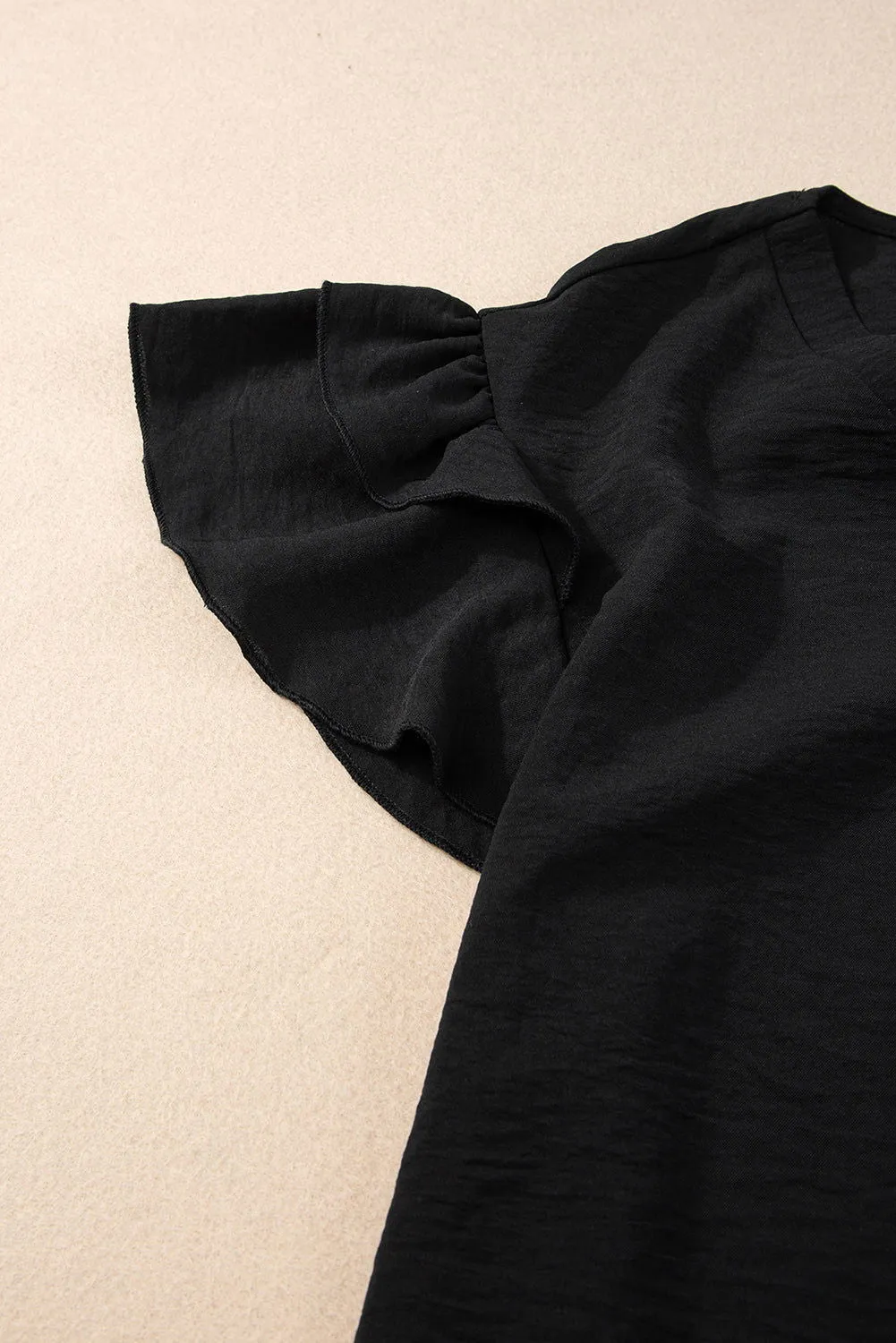 Black Solid Color V Neck Ruffle Short Sleeve Blouse - Elegant Look