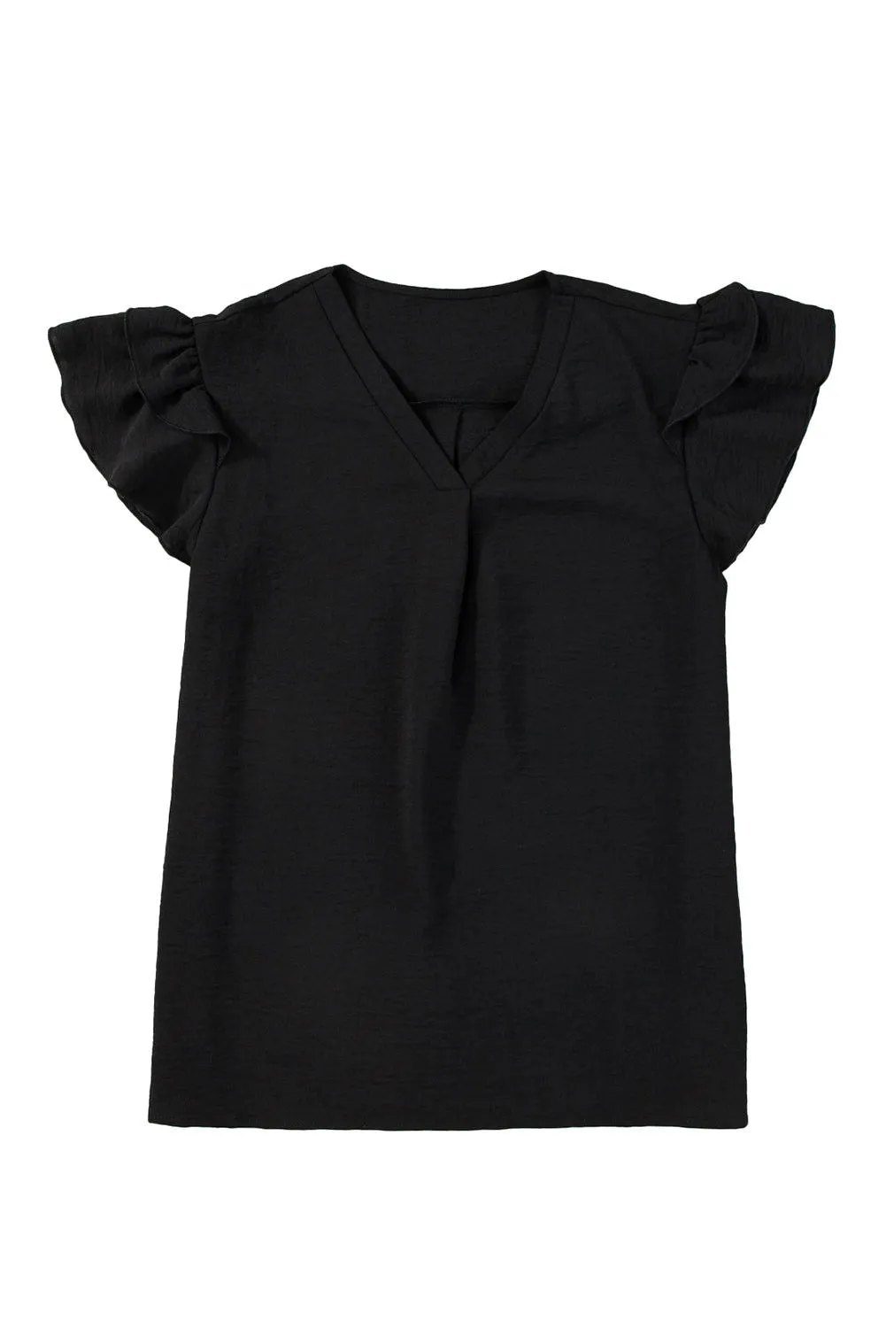 Black Solid Color V Neck Ruffle Short Sleeve Blouse - Elegant Look