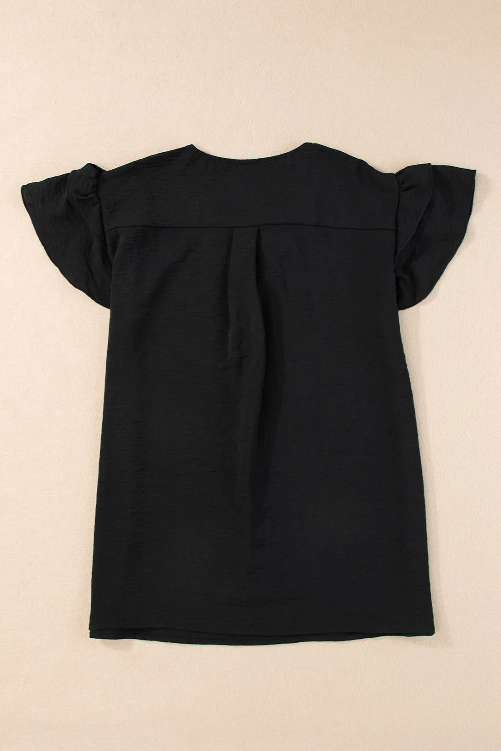 Black Solid Color V Neck Ruffle Short Sleeve Blouse - Elegant Look