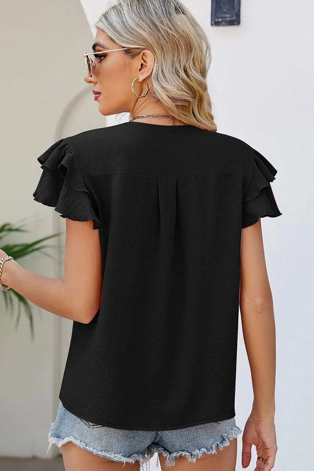 Black Solid Color V Neck Ruffle Short Sleeve Blouse - Elegant Look