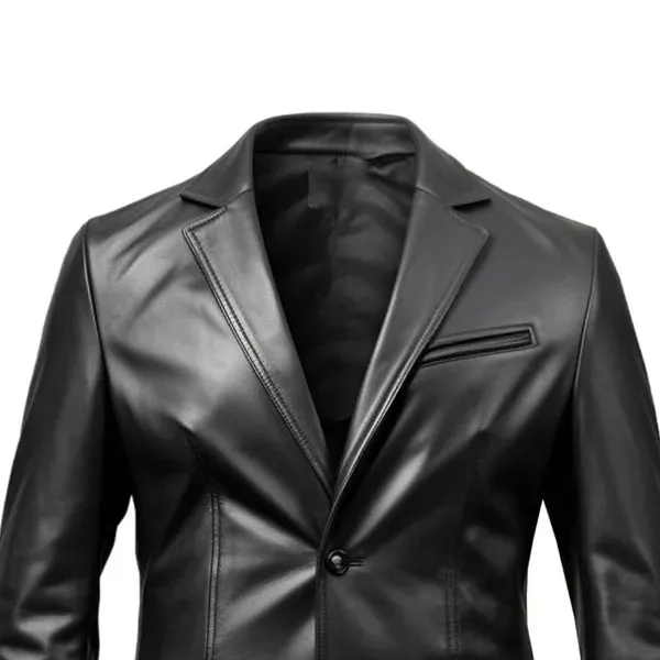 Black Stylish Button Closure Blazer Leather Coat