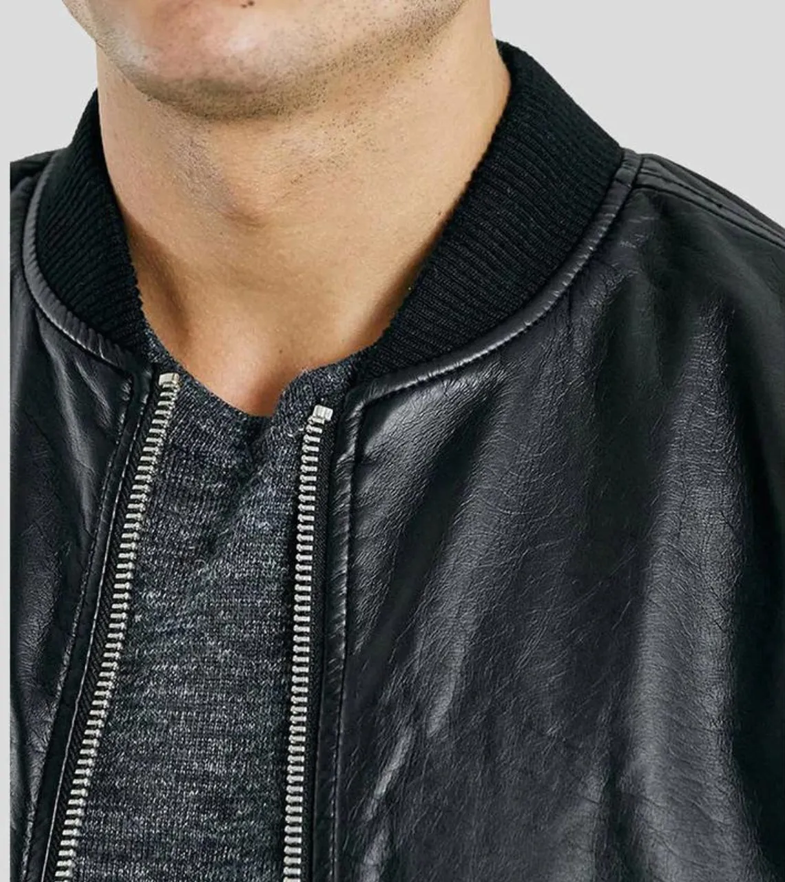 Classic Men's Black Leather Bomber Jacket
