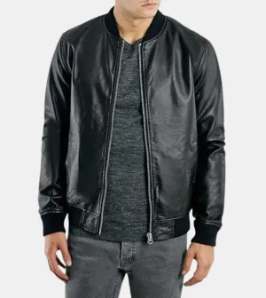 Classic Men's Black Leather Bomber Jacket