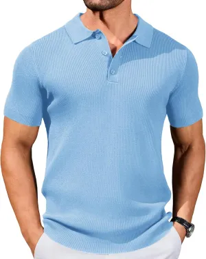 COOFANDY Mens Slim Fit Knit Polo Shirts Business Lightweight Polo Sweater Casual Summer Ribbed Textured Collared T Shirt