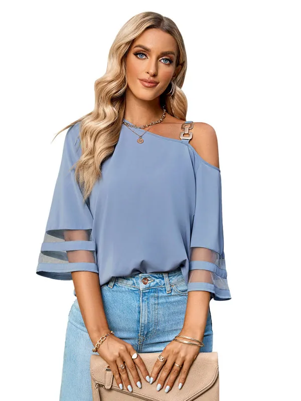 Danette Women's Elegant Solid Color Metal Buckle One-Shoulder Blouse