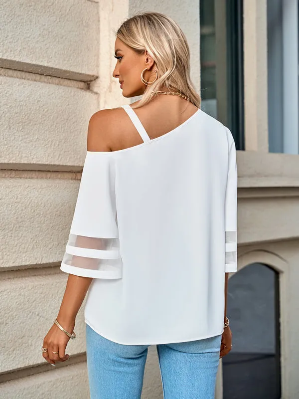 Danette Women's Elegant Solid Color Metal Buckle One-Shoulder Blouse