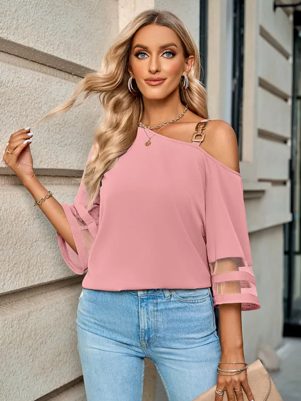 Danette Women's Elegant Solid Color Metal Buckle One-Shoulder Blouse
