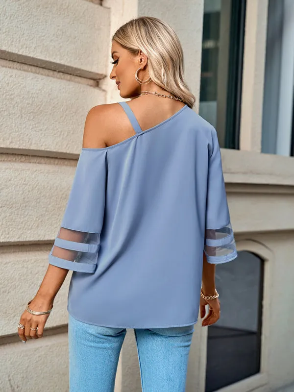 Danette Women's Elegant Solid Color Metal Buckle One-Shoulder Blouse