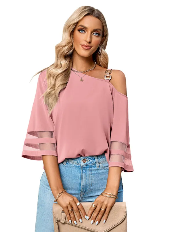 Danette Women's Elegant Solid Color Metal Buckle One-Shoulder Blouse