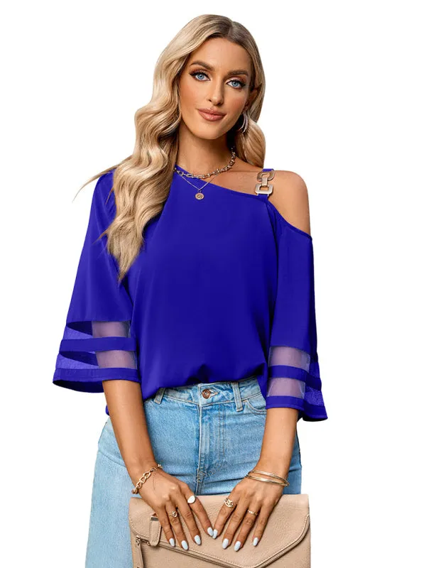 Danette Women's Elegant Solid Color Metal Buckle One-Shoulder Blouse