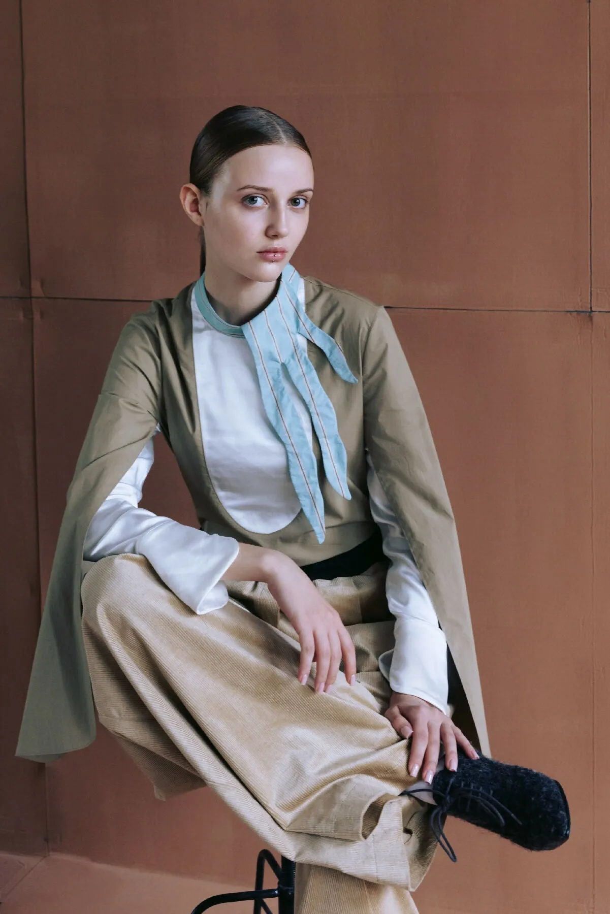 Designer Blouse With Contrast Sleeves Beige