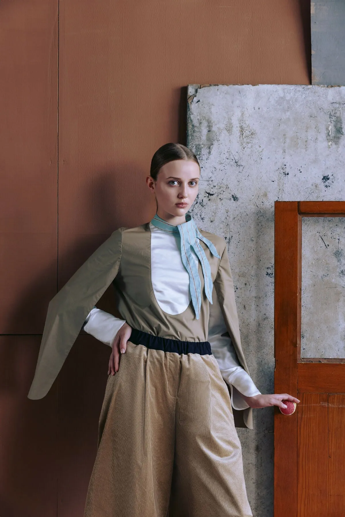 Designer Blouse With Contrast Sleeves Beige