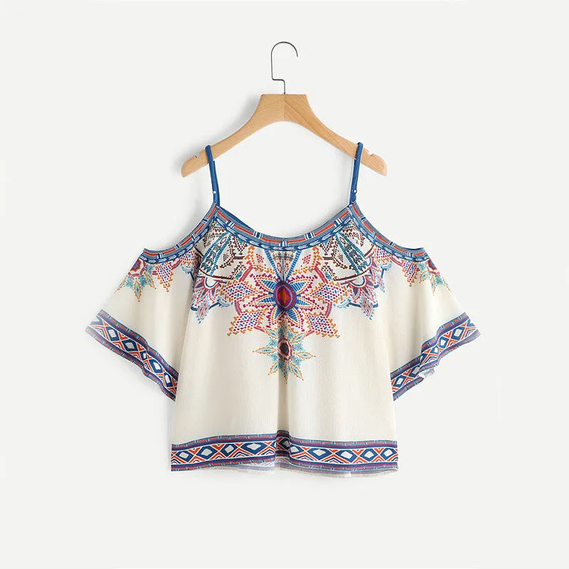 Dotfashion Aztec Print Boho Blouse 2018 Women Vintage Lace Up Cold Shoulder Summer Tops Fashion Sexy Tribal Short Sleeve Blouse
