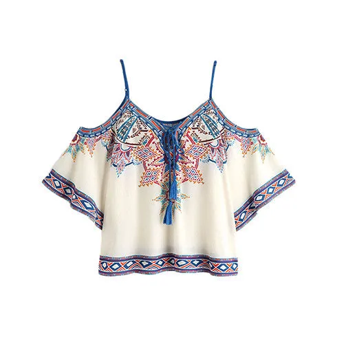 Dotfashion Aztec Print Boho Blouse 2018 Women Vintage Lace Up Cold Shoulder Summer Tops Fashion Sexy Tribal Short Sleeve Blouse