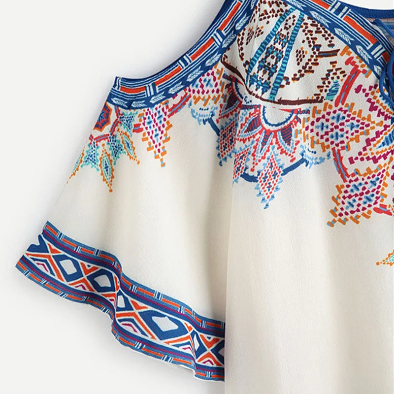 Dotfashion Aztec Print Boho Blouse 2018 Women Vintage Lace Up Cold Shoulder Summer Tops Fashion Sexy Tribal Short Sleeve Blouse