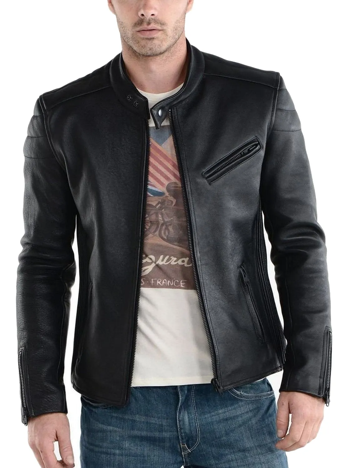 Leather Jackets Hub Mens Genuine Lambskin Leather Jacket (Black, Racer Jacket) - 1501008