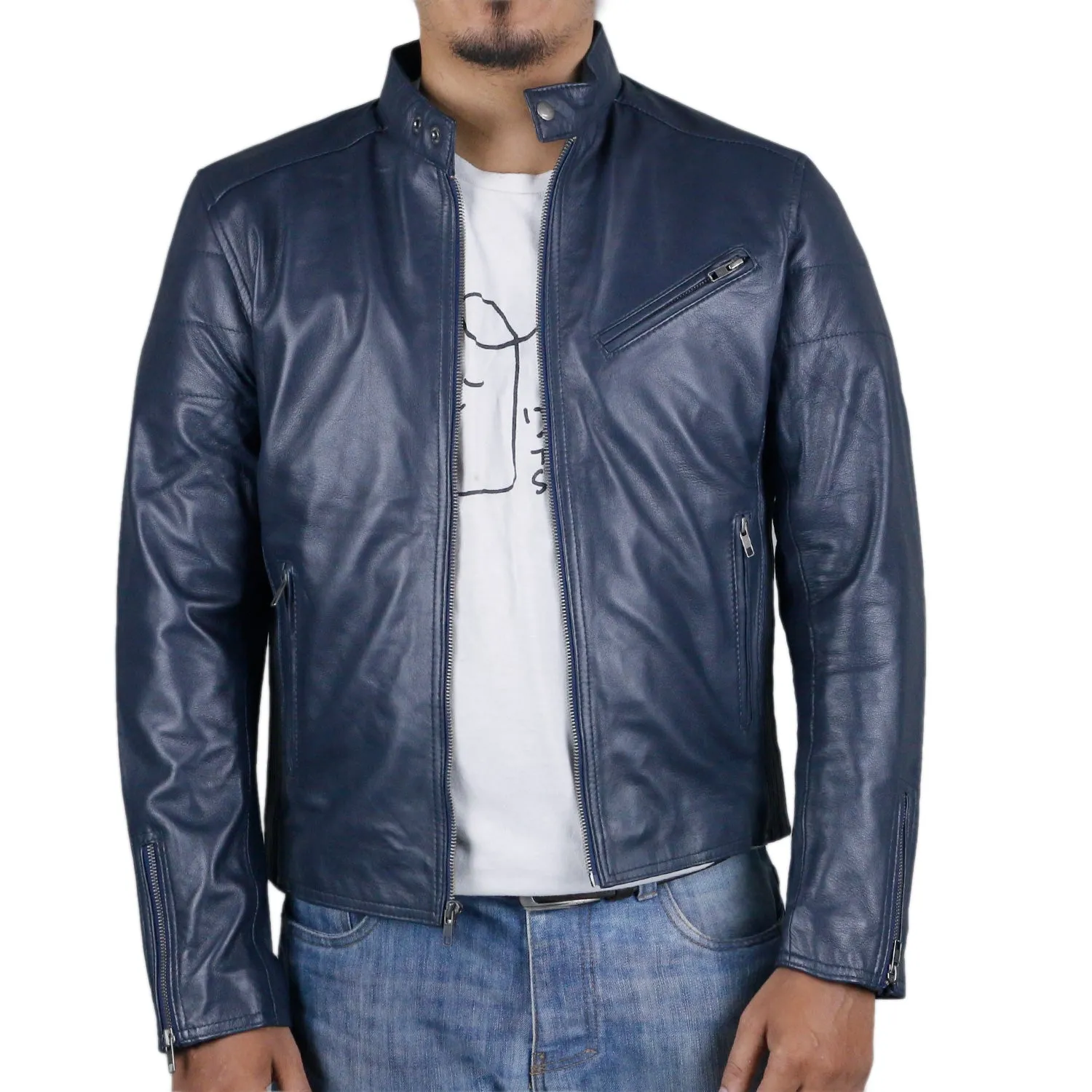 Leather Jackets Hub Mens Genuine Lambskin Leather Jacket (Black, Racer Jacket) - 1501008