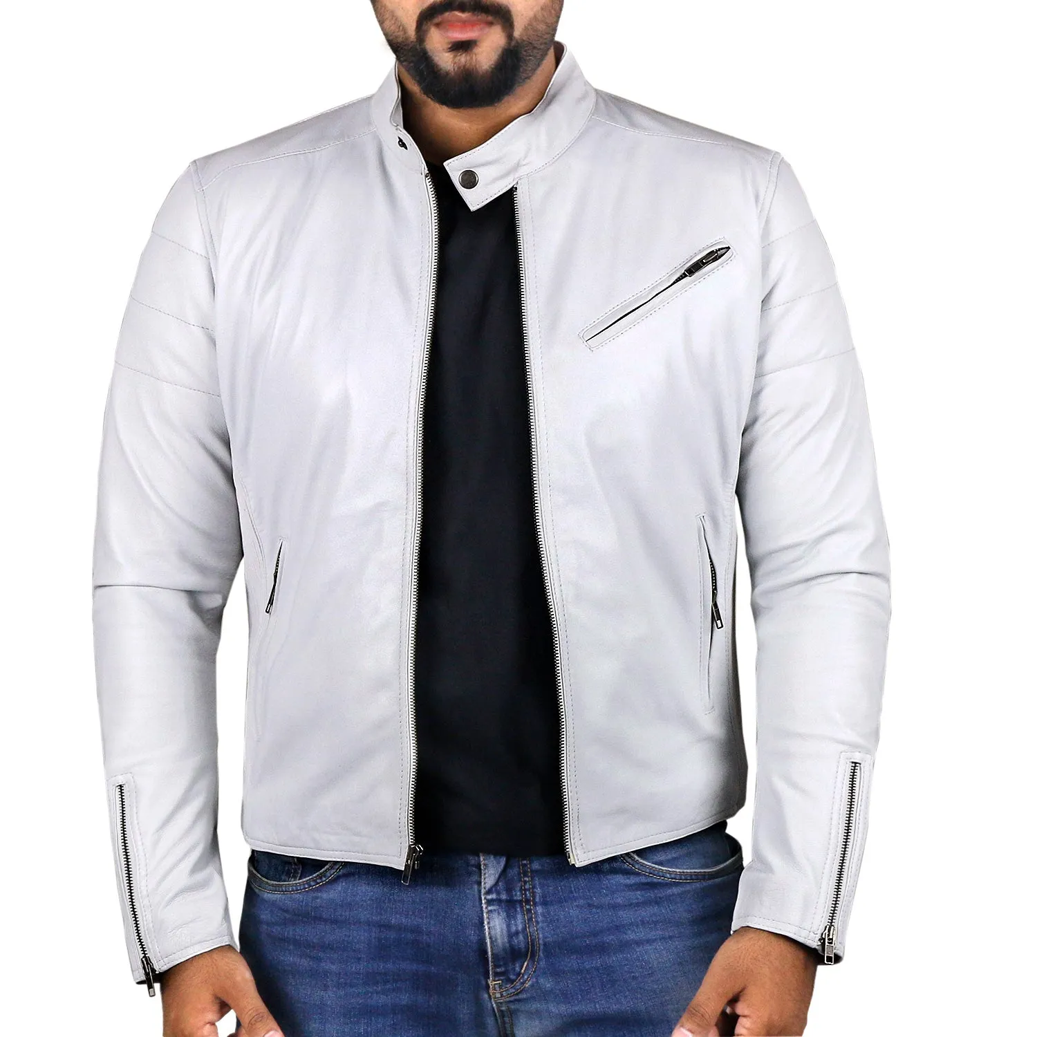 Leather Jackets Hub Mens Genuine Lambskin Leather Jacket (Black, Racer Jacket) - 1501008