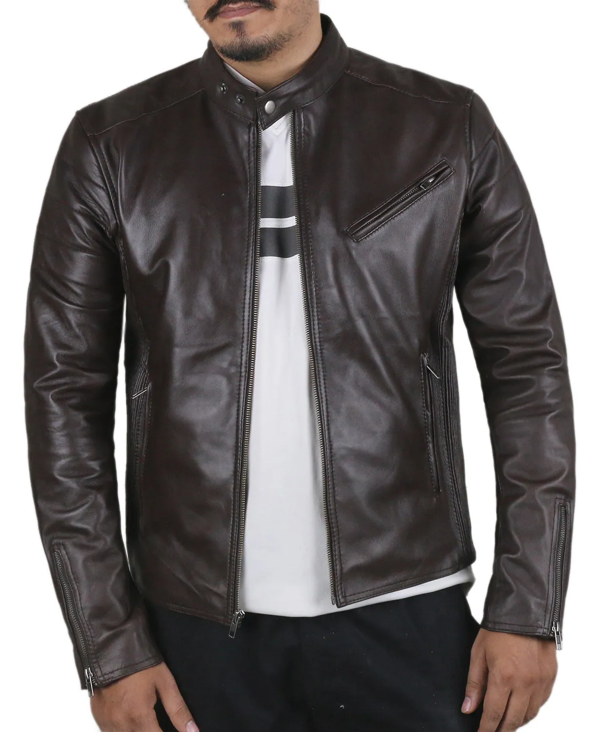 Leather Jackets Hub Mens Genuine Lambskin Leather Jacket (Black, Racer Jacket) - 1501008