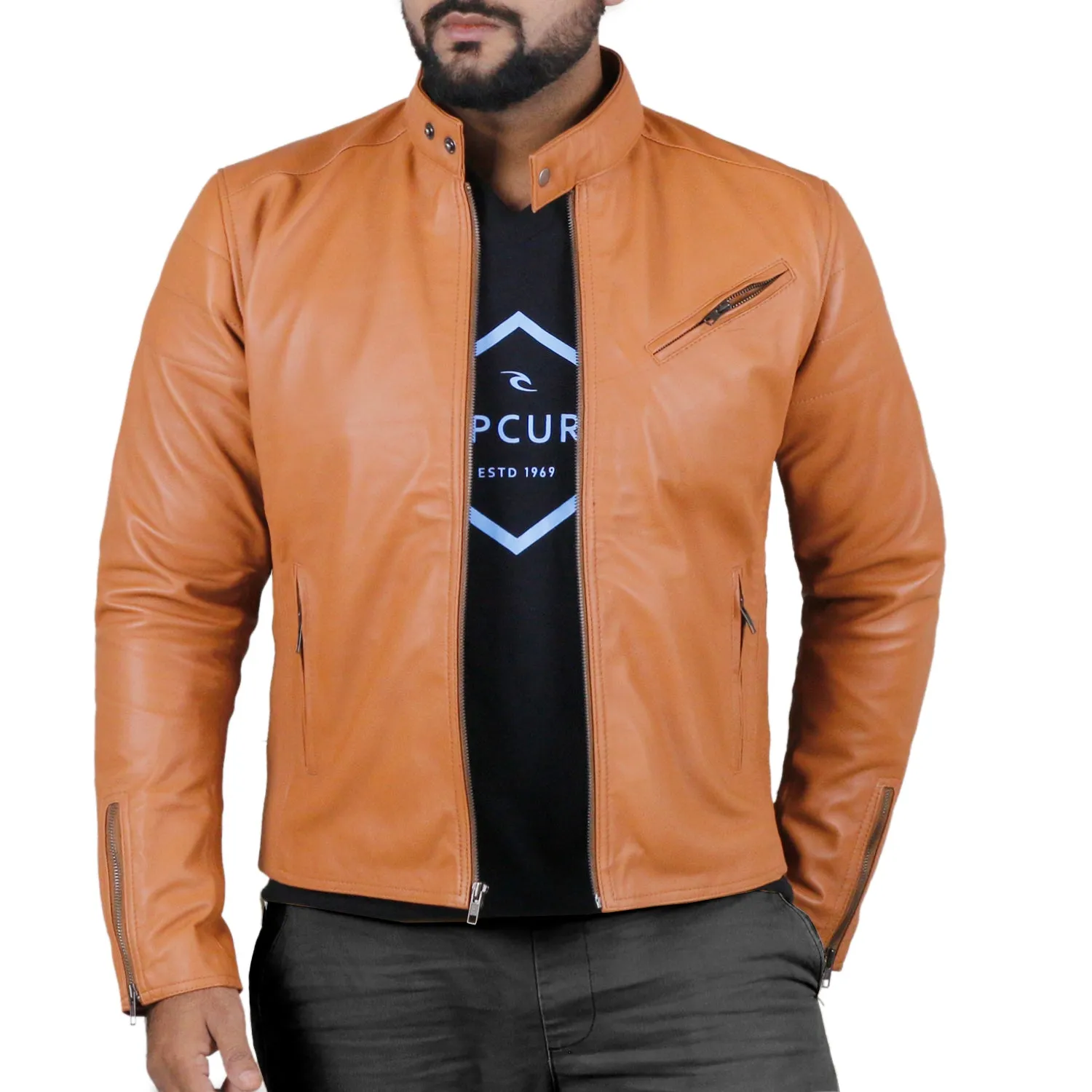 Leather Jackets Hub Mens Genuine Lambskin Leather Jacket (Black, Racer Jacket) - 1501008