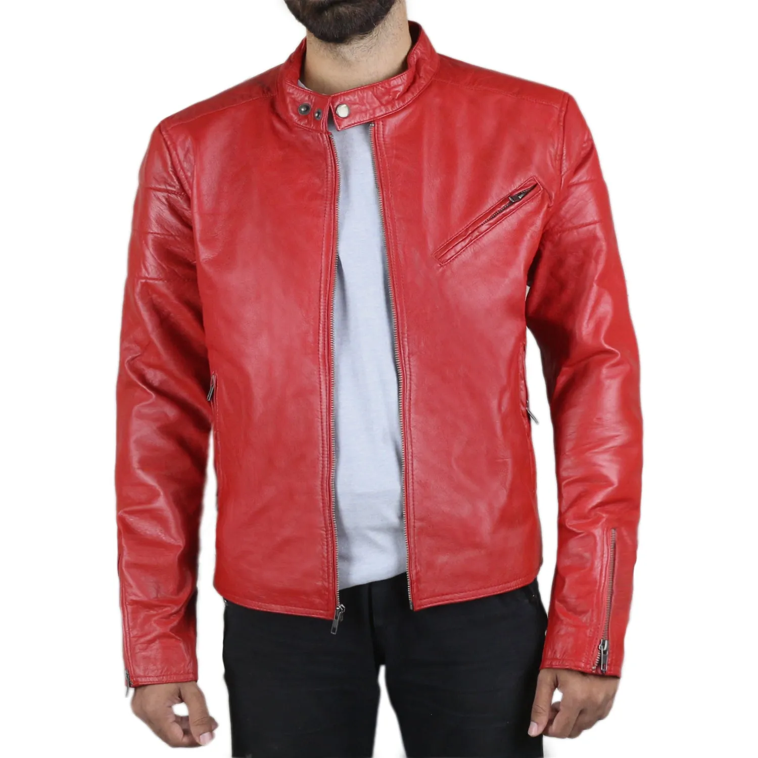 Leather Jackets Hub Mens Genuine Lambskin Leather Jacket (Black, Racer Jacket) - 1501008