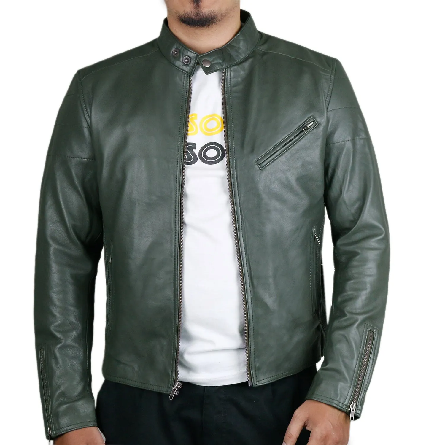 Leather Jackets Hub Mens Genuine Lambskin Leather Jacket (Black, Racer Jacket) - 1501008