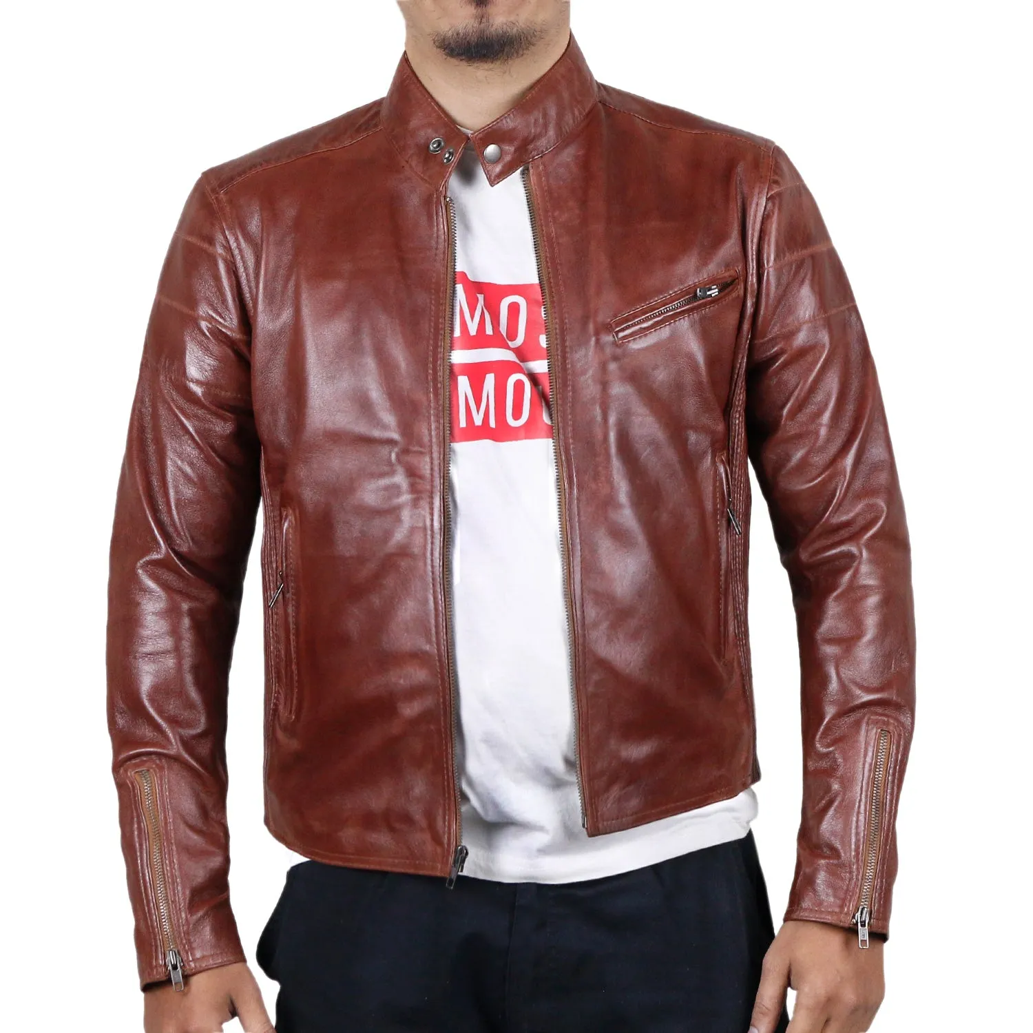 Leather Jackets Hub Mens Genuine Lambskin Leather Jacket (Black, Racer Jacket) - 1501008
