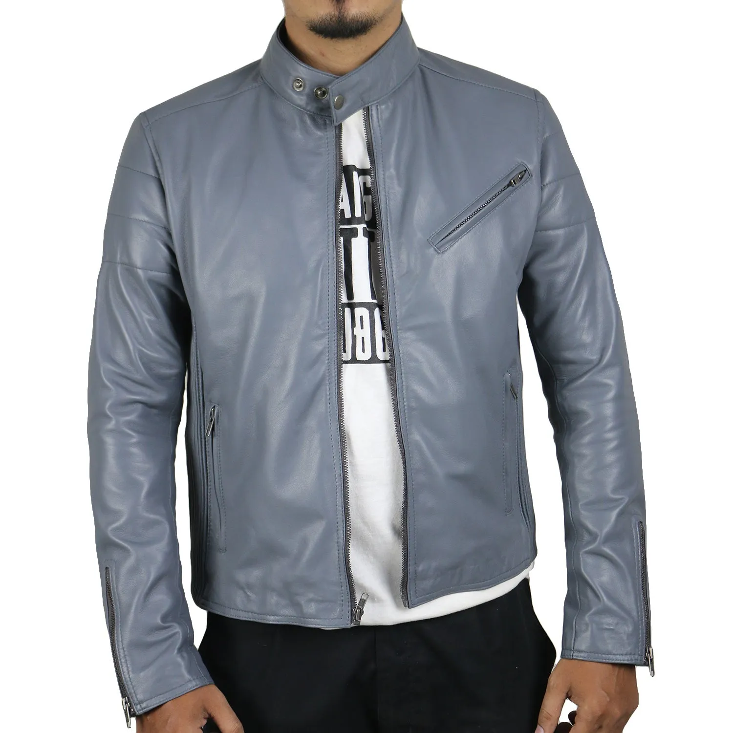 Leather Jackets Hub Mens Genuine Lambskin Leather Jacket (Black, Racer Jacket) - 1501008