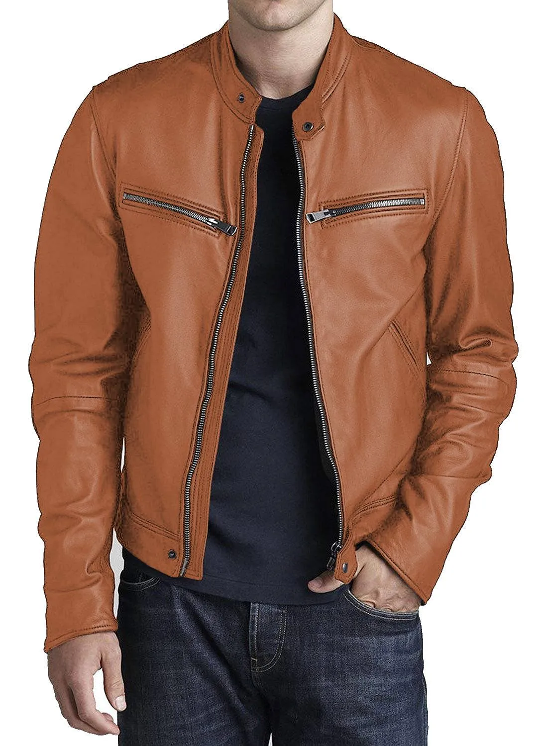 Leather Jackets Hub Mens Genuine Lambskin Leather Jacket (Black, Racer Jacket) - 1501316
