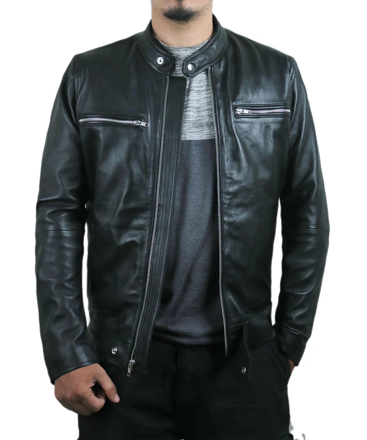 Leather Jackets Hub Mens Genuine Lambskin Leather Jacket (Black, Racer Jacket) - 1501316