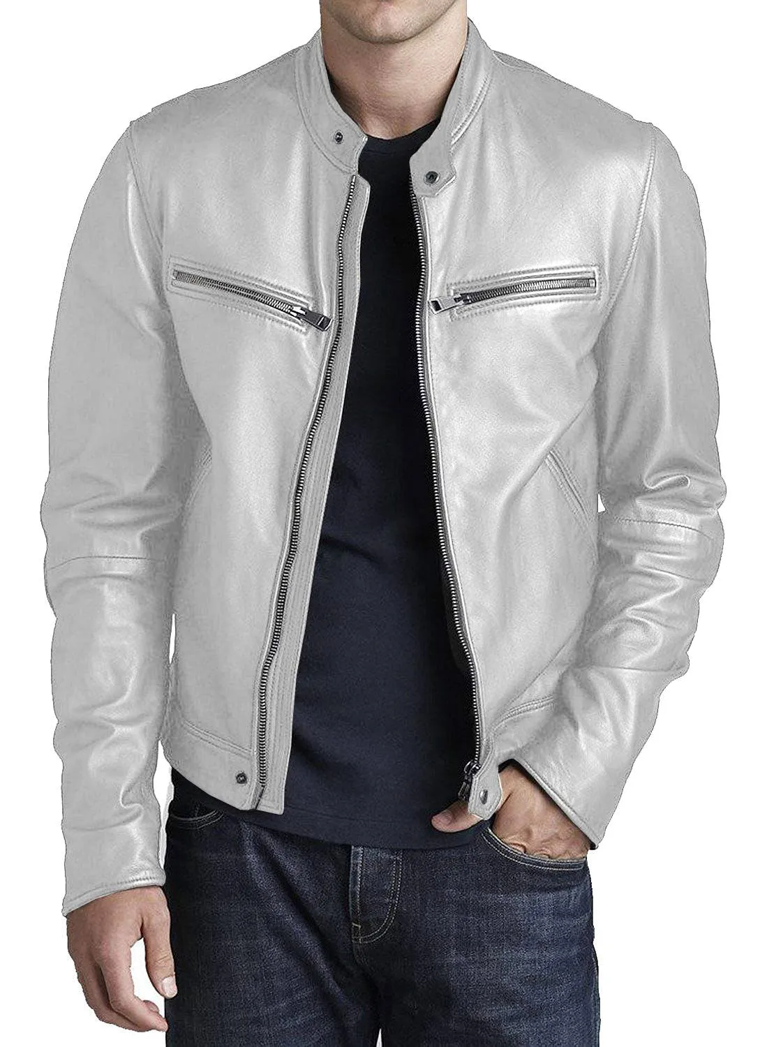 Leather Jackets Hub Mens Genuine Lambskin Leather Jacket (Black, Racer Jacket) - 1501316