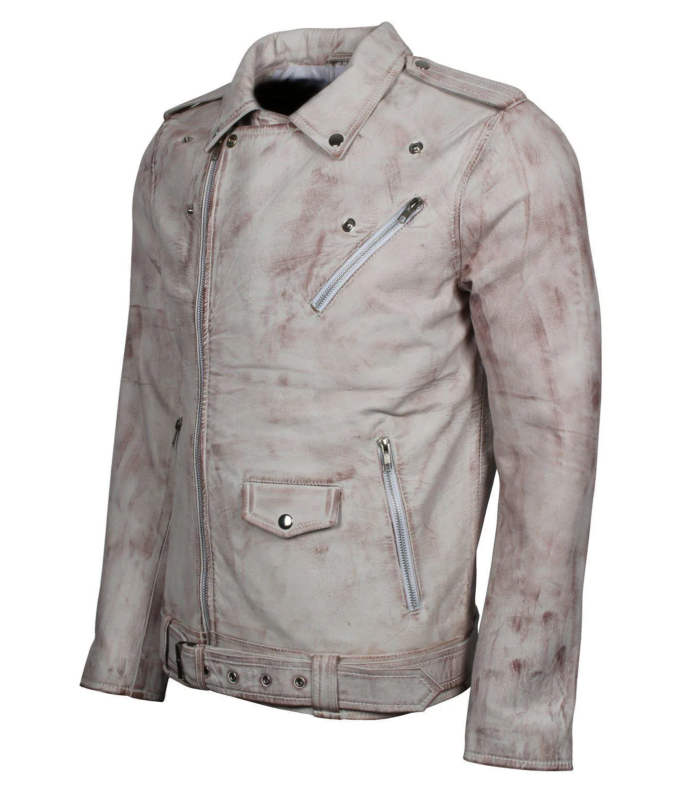 Men's White Classic Rocker Waxed Genuine Leather Motorcycle Jacket