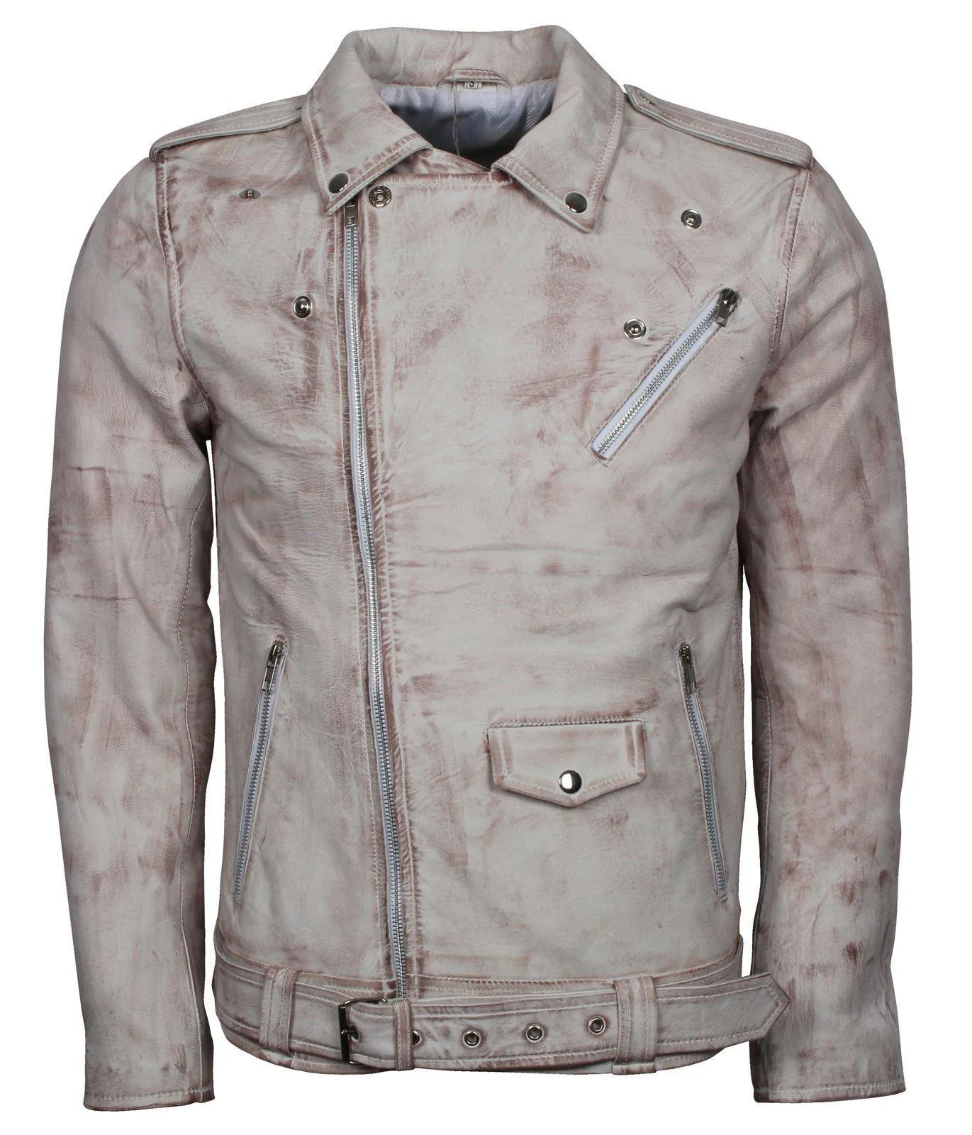 Men's White Classic Rocker Waxed Genuine Leather Motorcycle Jacket