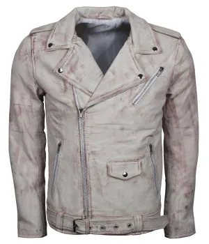 Men's White Classic Rocker Waxed Genuine Leather Motorcycle Jacket