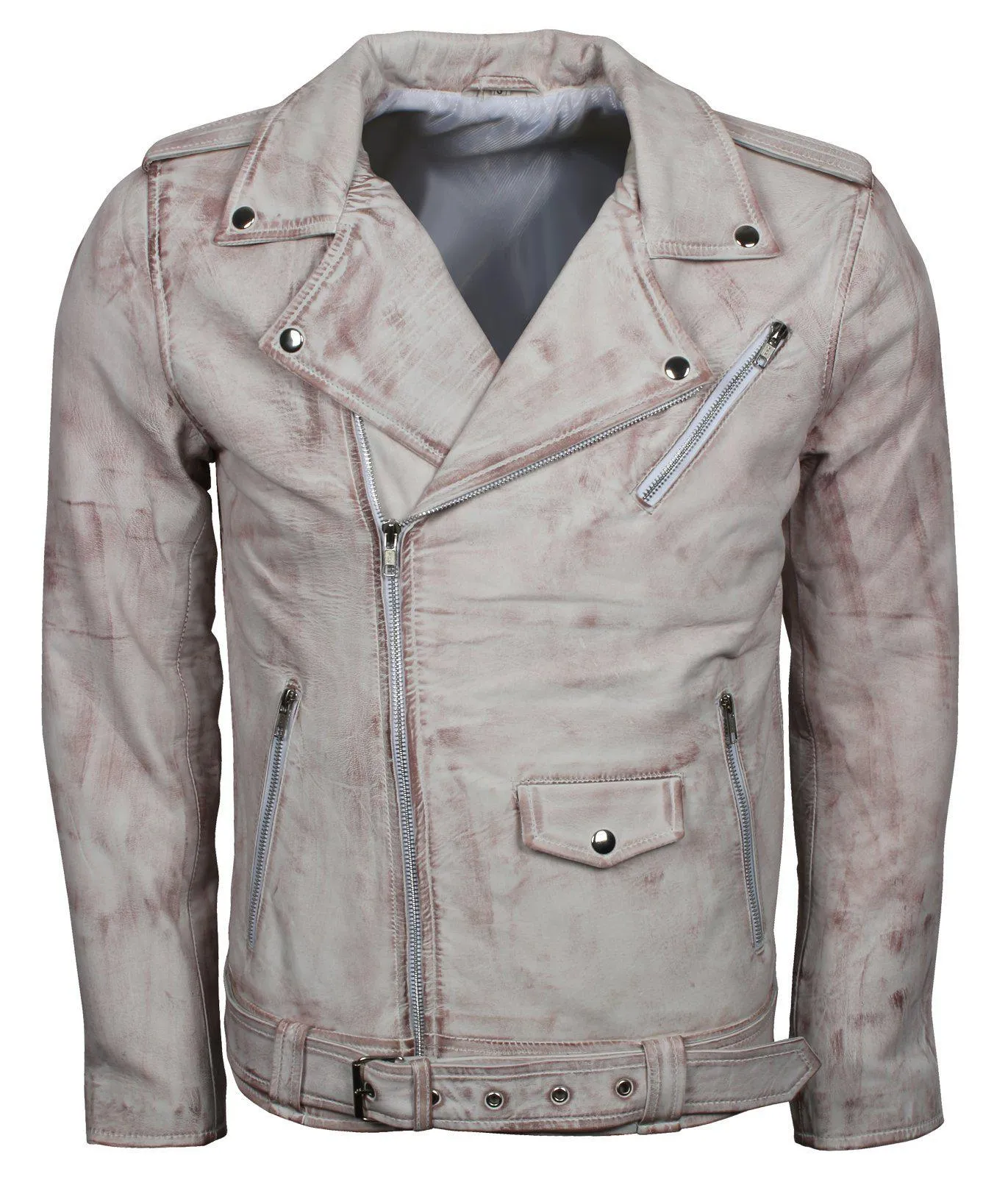 Men's White Classic Rocker Waxed Genuine Leather Motorcycle Jacket
