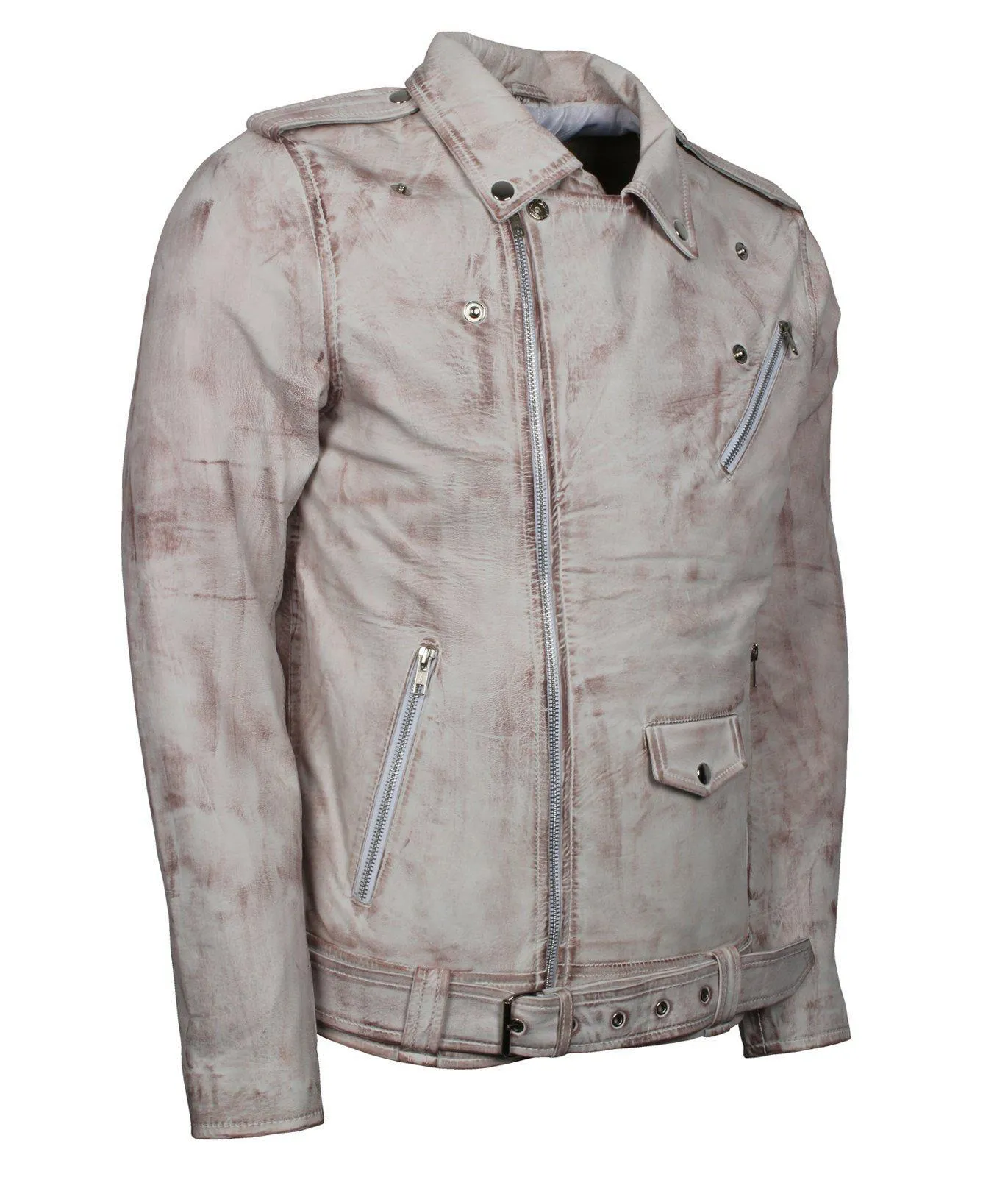 Men's White Classic Rocker Waxed Genuine Leather Motorcycle Jacket