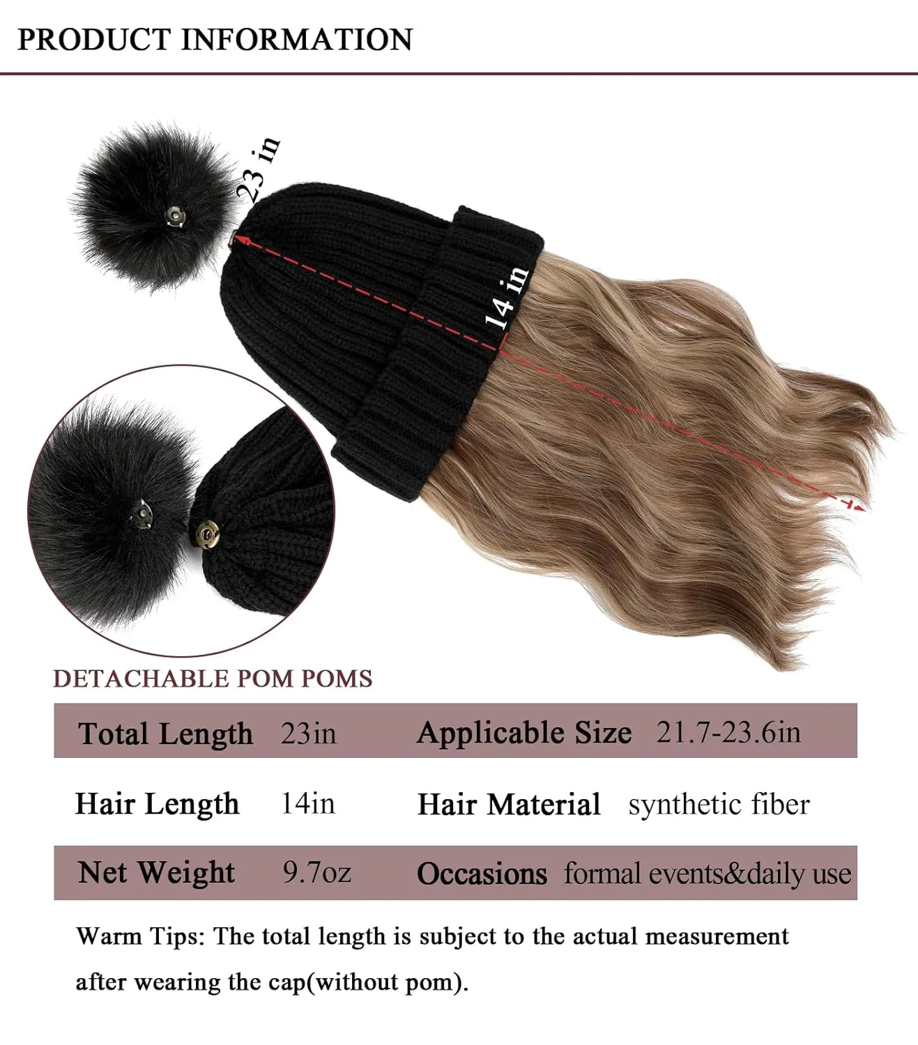 Qlenkay Beanie with 14'' Hair Extention Curly Wavy Wig Hat Rib Knit Cap Attached Synthetic Hairpiece Detachable Pom for Winter Women Ash Blonde Mix Light Brown