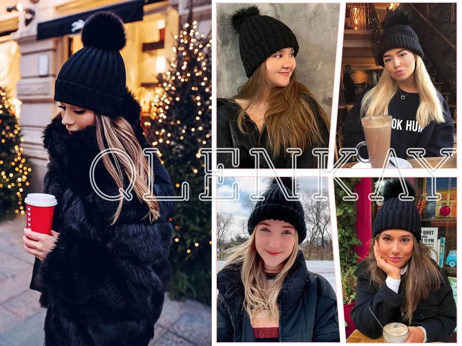 Qlenkay Beanie with 14'' Hair Extention Curly Wavy Wig Hat Rib Knit Cap Attached Synthetic Hairpiece Detachable Pom for Winter Women Ash Blonde Mix Light Brown