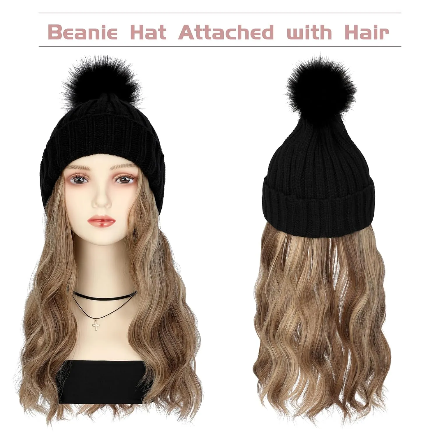 Qlenkay Beanie with 14'' Hair Extention Curly Wavy Wig Hat Rib Knit Cap Attached Synthetic Hairpiece Detachable Pom for Winter Women Ash Blonde Mix Light Brown
