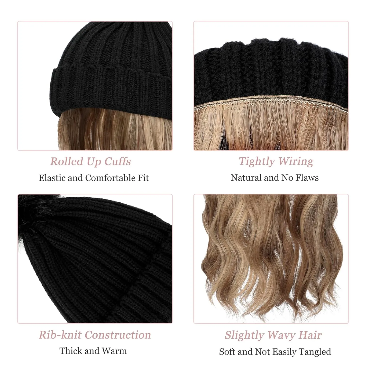 Qlenkay Beanie with 14'' Hair Extention Curly Wavy Wig Hat Rib Knit Cap Attached Synthetic Hairpiece Detachable Pom for Winter Women Ash Blonde Mix Light Brown