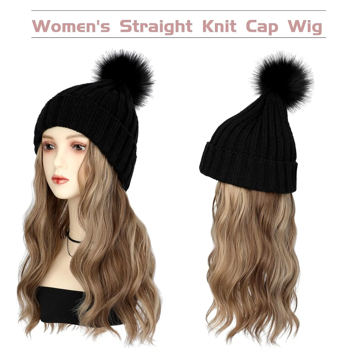 Qlenkay Beanie with 14'' Hair Extention Curly Wavy Wig Hat Rib Knit Cap Attached Synthetic Hairpiece Detachable Pom for Winter Women Ash Blonde Mix Light Brown