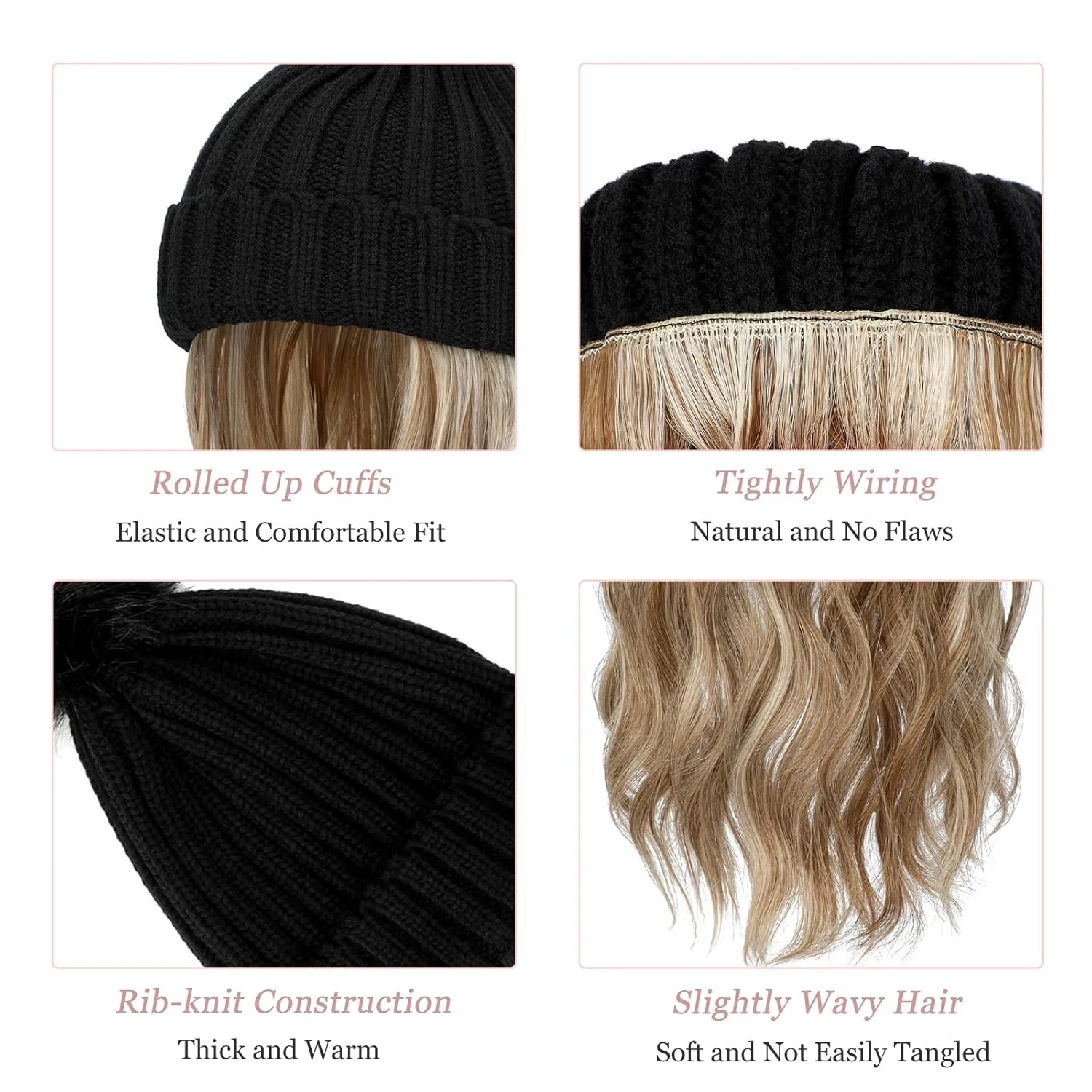 Qlenkay Beanie with 14'' Hair Extention Curly Wavy Wig Hat Rib Knit Cap Attached Synthetic Hairpiece Detachable Pom for Winter Women Ginger Brown Mix Bleach Blonde