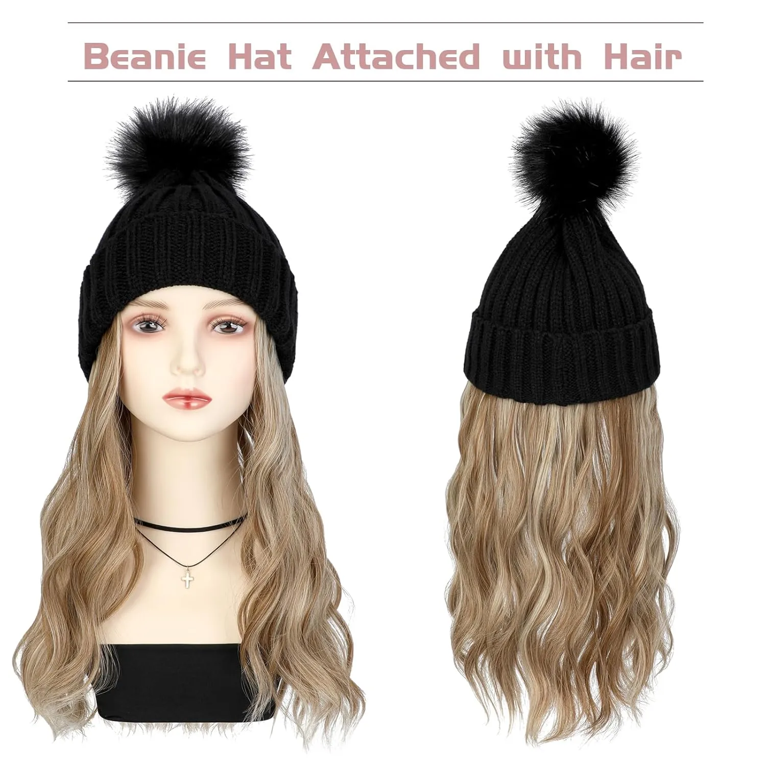 Qlenkay Beanie with 14'' Hair Extention Curly Wavy Wig Hat Rib Knit Cap Attached Synthetic Hairpiece Detachable Pom for Winter Women Ginger Brown Mix Bleach Blonde